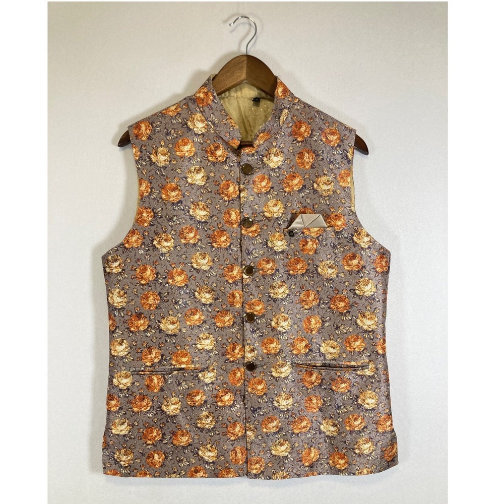 Ethnic Floral Unbranded Mens 40 Purple Orange Rose Brocade Nehru Vest Waistcoat